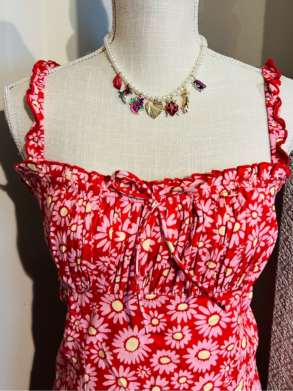 🍅🌼FREE PEOPLE Lucinda Midi Sundress Tomato Daisy Bright Red Floral Lace-Up XL - Picture 3 of 16
